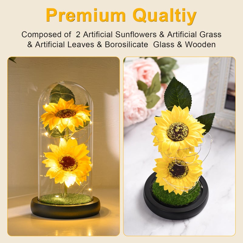 socathey Sunflower Gifts for Women  Artificial Sunflowers in Glass Dome with LED Strip  1PSC Sunflower Decor on Mother's Day  Valentine's Day  Christmas  Thanksgiving  Birthday (Yellow-New) - Image 3